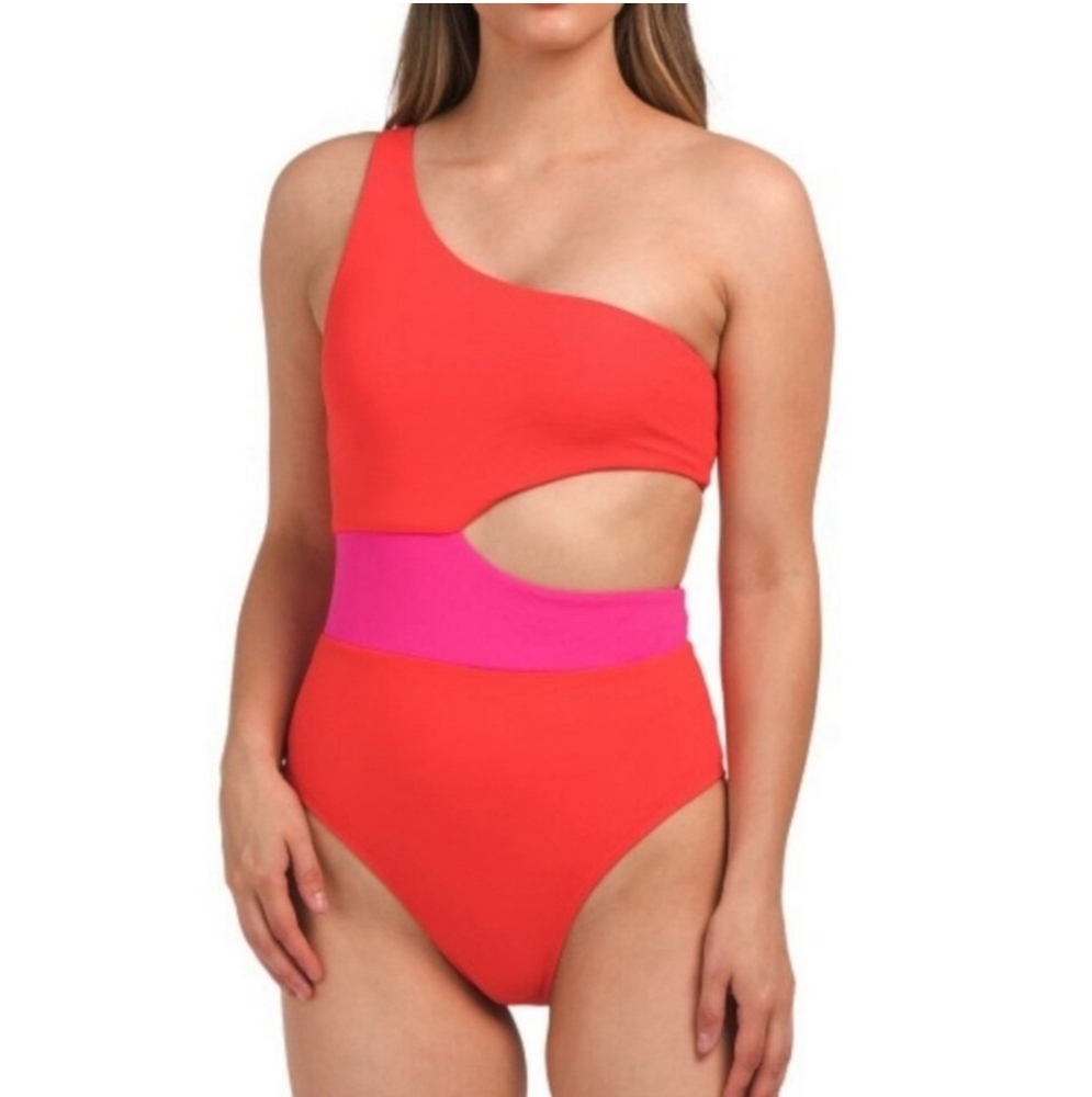 Wilo The Label One Shoulder Cutout Monokini Red Pink Size Small NWT